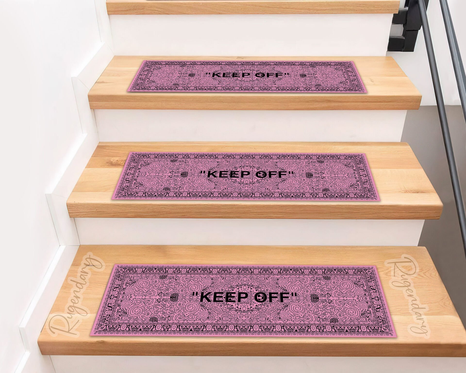 Pink ''KEEP OFF'' Stair Mats – Modern Non-Slip Stair Carpet Set