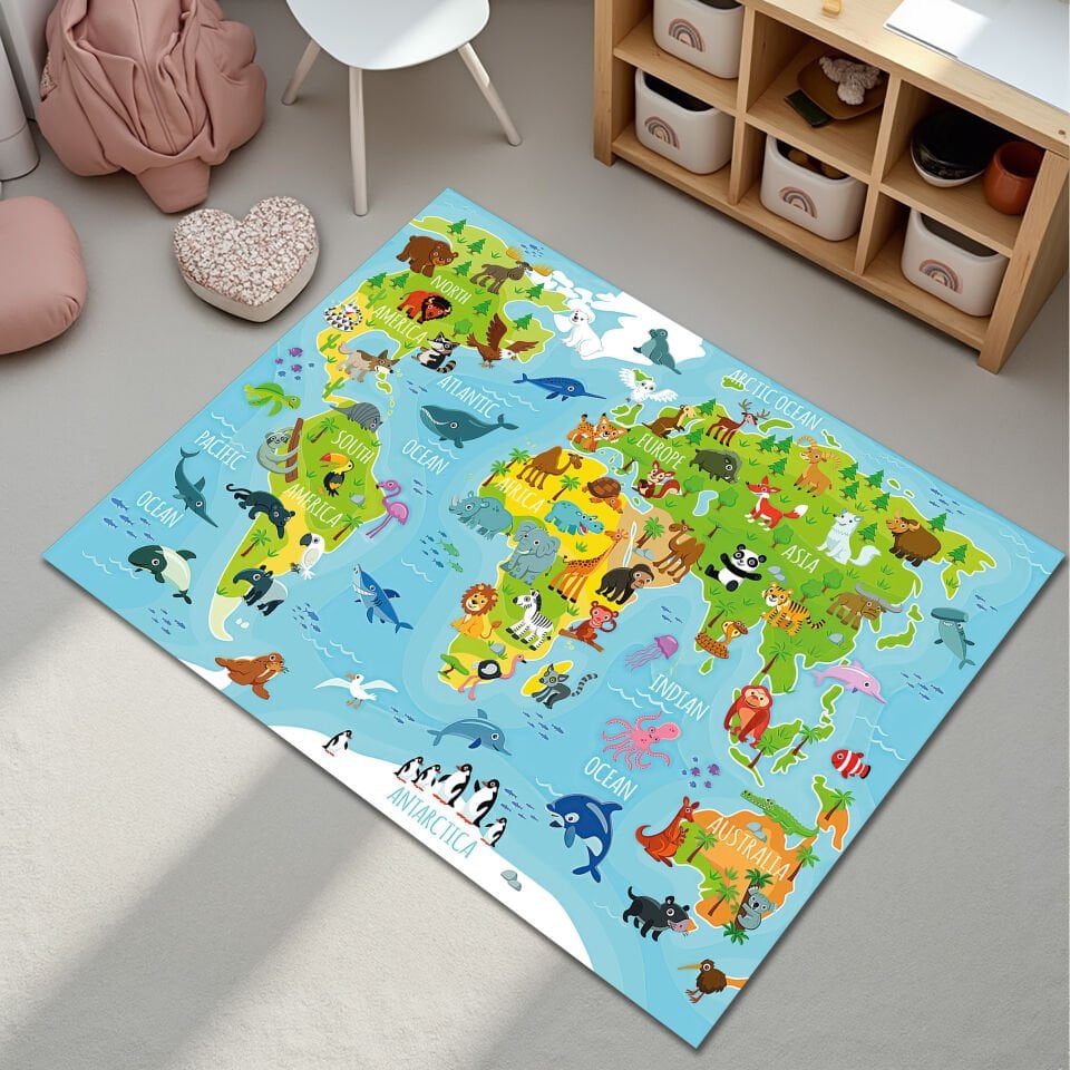 Kids World Map Rug – Educational Animal & Continent Play Mat