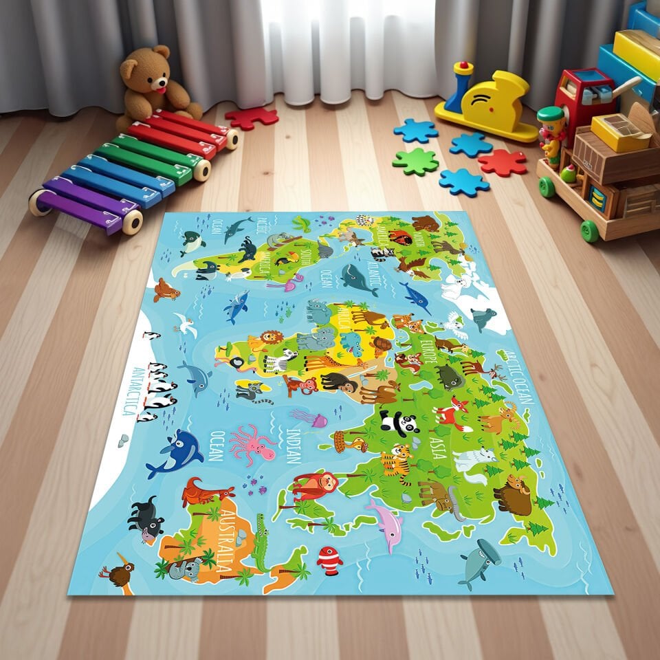 Kids World Map Rug – Educational Animal & Continent Play Mat