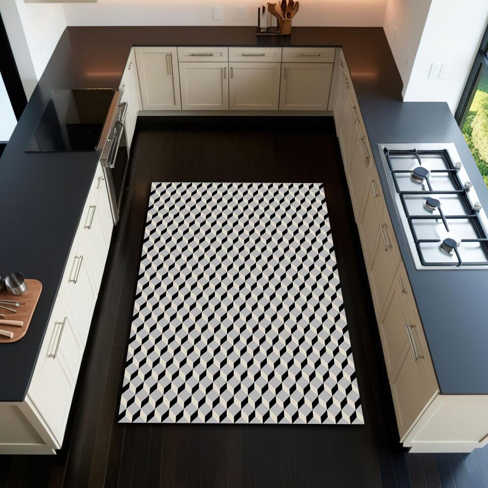 3D Geometric Optical Illusion Rug – Black and White Cube Pattern Carpet
