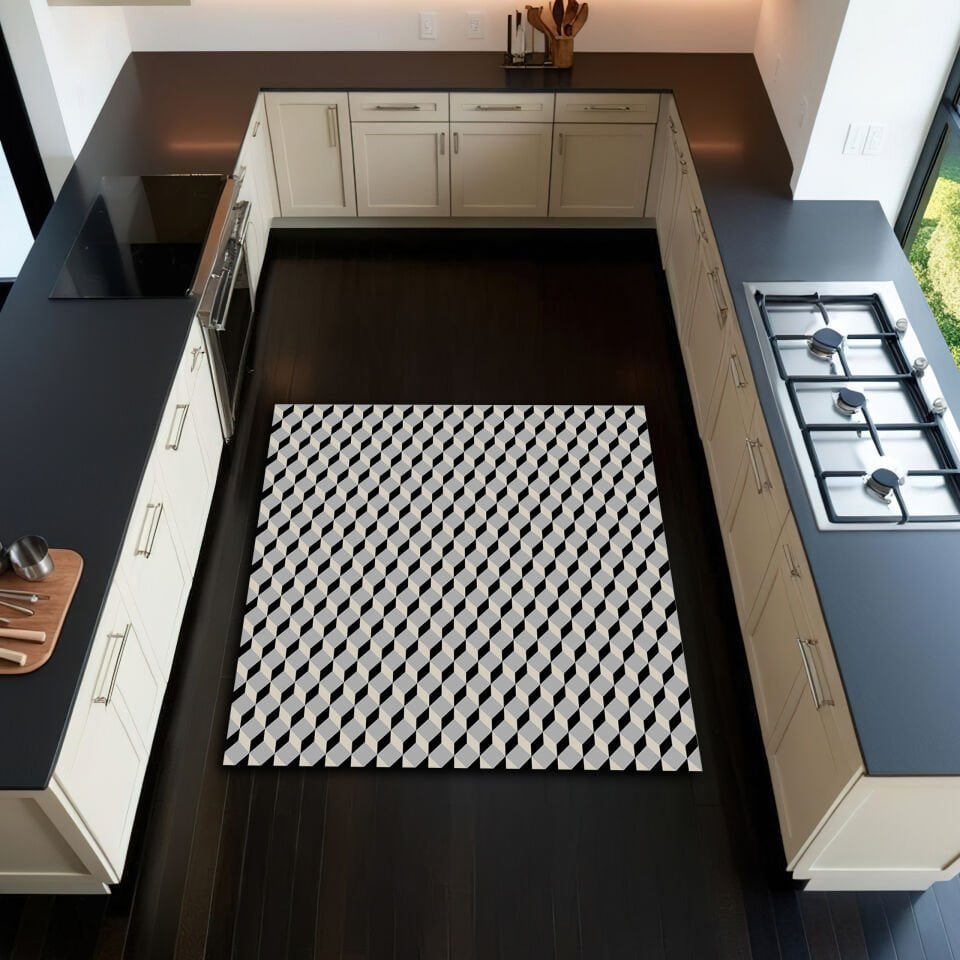 3D Geometric Optical Illusion Rug – Black and White Cube Pattern Carpet