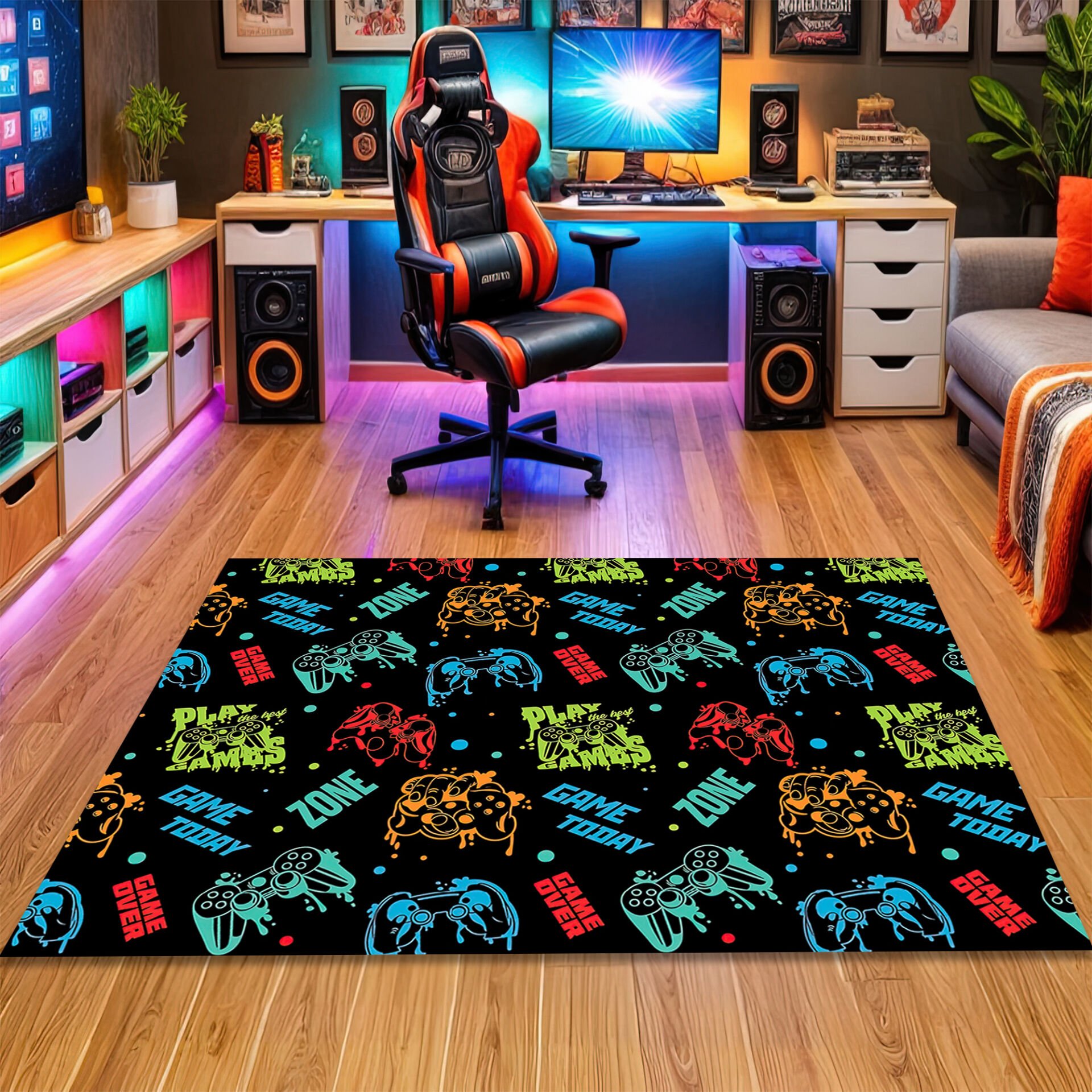 Colorful Gamer Zone Rug with PlayStation Controllers & Fun Gaming Quotes