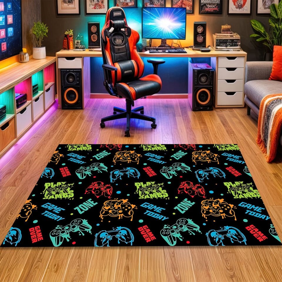 Colorful Gamer Zone Rug with PlayStation Controllers & Fun Gaming Quotes