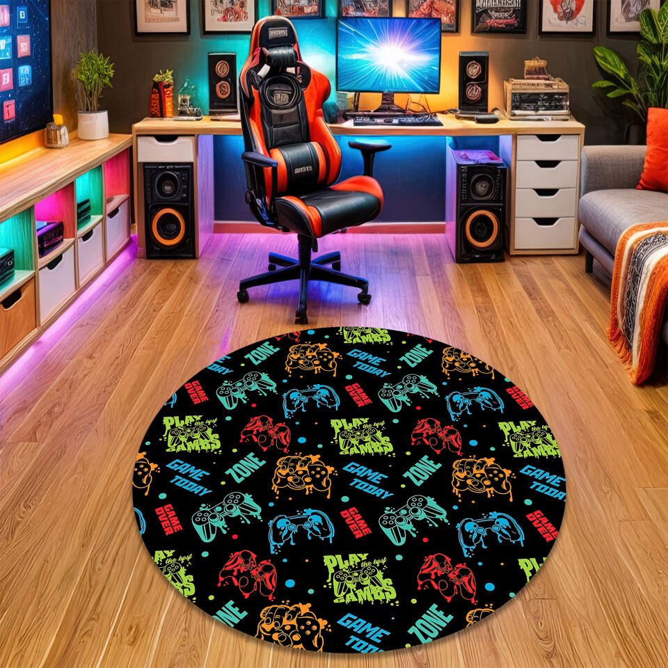 Colorful Gamer Zone Rug with PlayStation Controllers & Fun Gaming Quotes