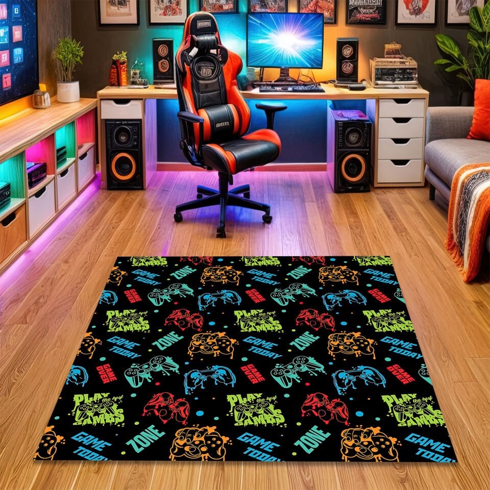 Colorful Gamer Zone Rug with PlayStation Controllers & Fun Gaming Quotes