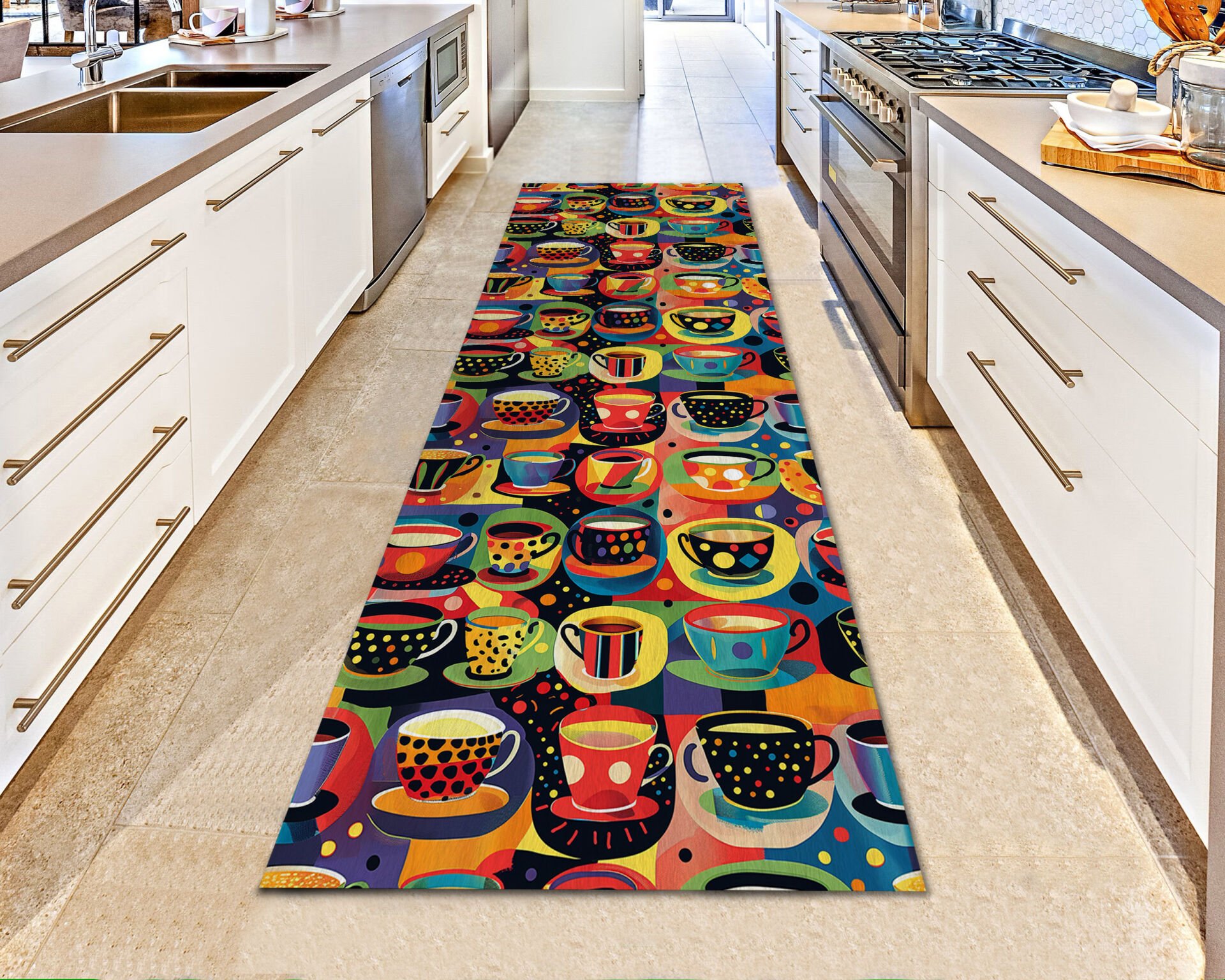 Colorful Coffee Cup Kitchen Runner Rug – Modern Non-Slip Floor Decor