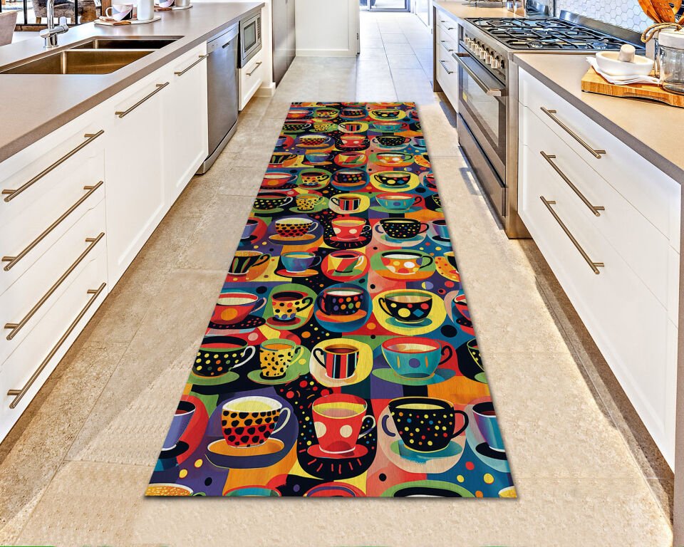 Colorful Coffee Cup Kitchen Runner Rug – Modern Non-Slip Floor Decor