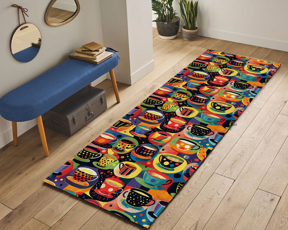 Colorful Coffee Cup Kitchen Runner Rug – Modern Non-Slip Floor Decor