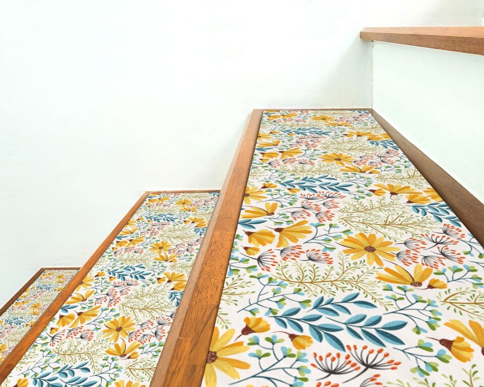 Cheerful Floral Stair Treads – Yellow and Blue Wildflower Step Mats