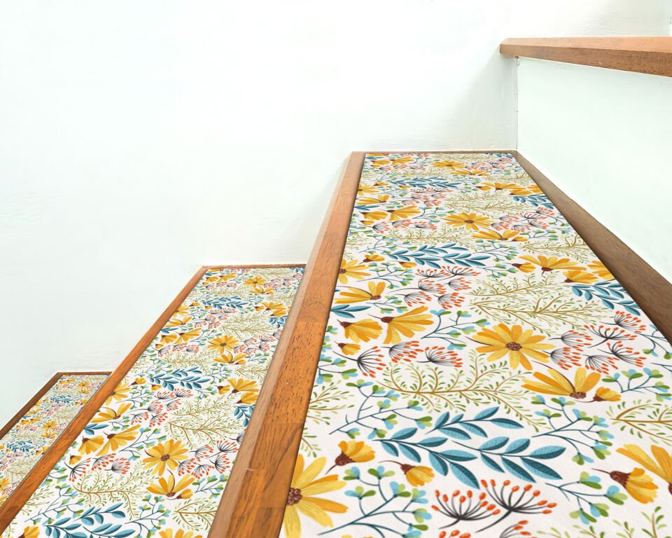 Cheerful Floral Stair Treads – Yellow and Blue Wildflower Step Mats