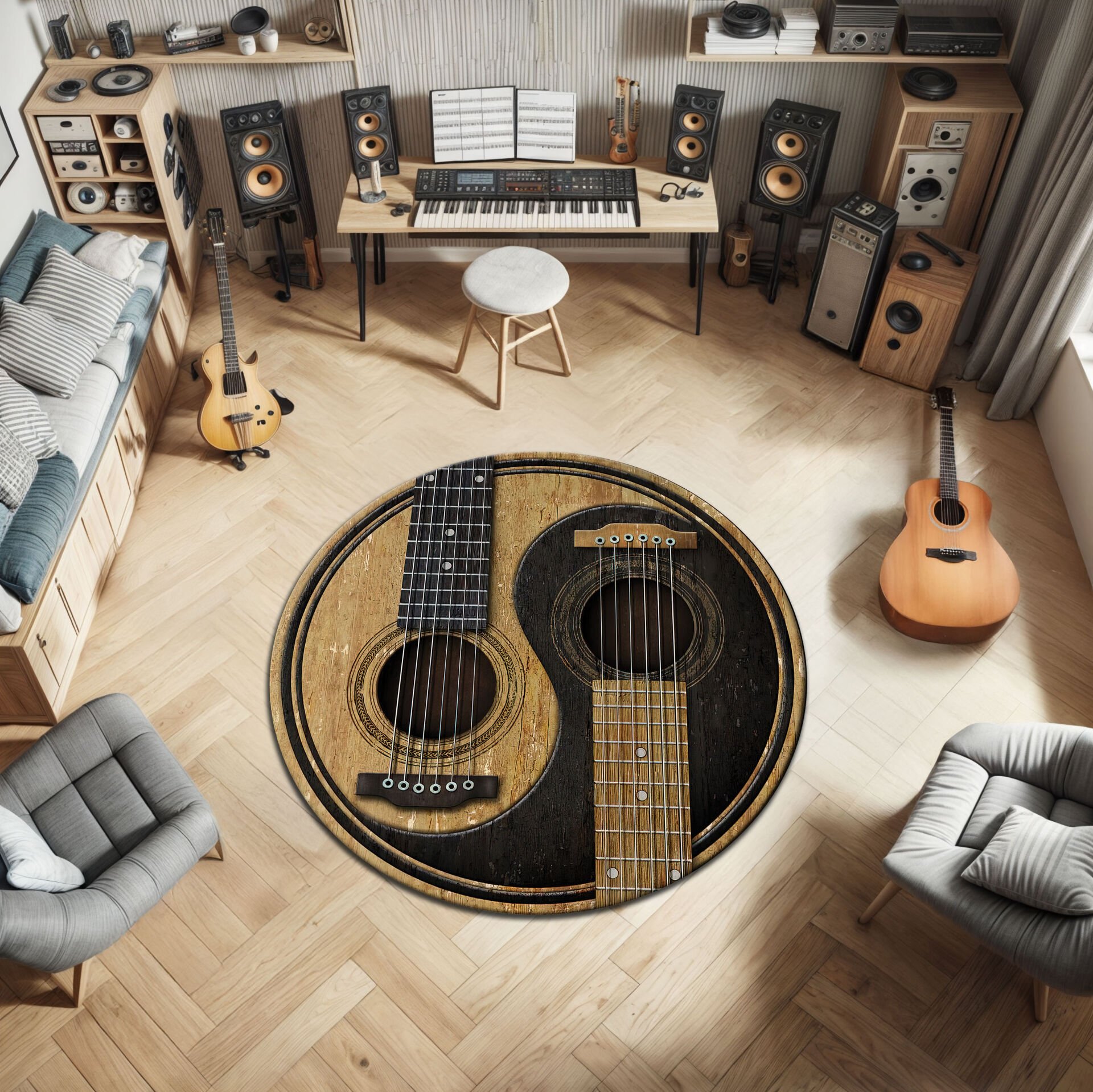 Yin Yang Guitar Round Rug – Artistic Music Room Carpet