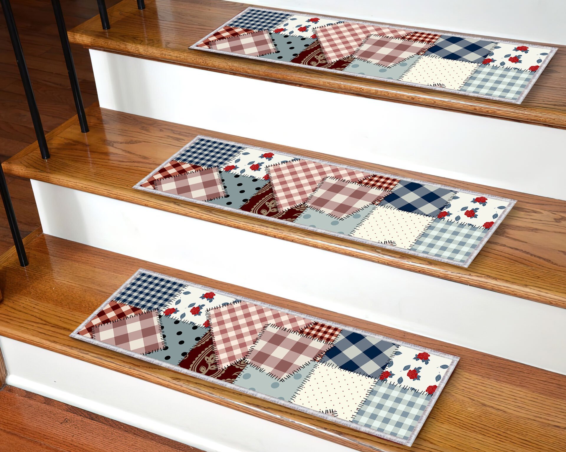 Patchwork Checkered Floral Stair Treads – Country Style Non-Slip Carpet Mats