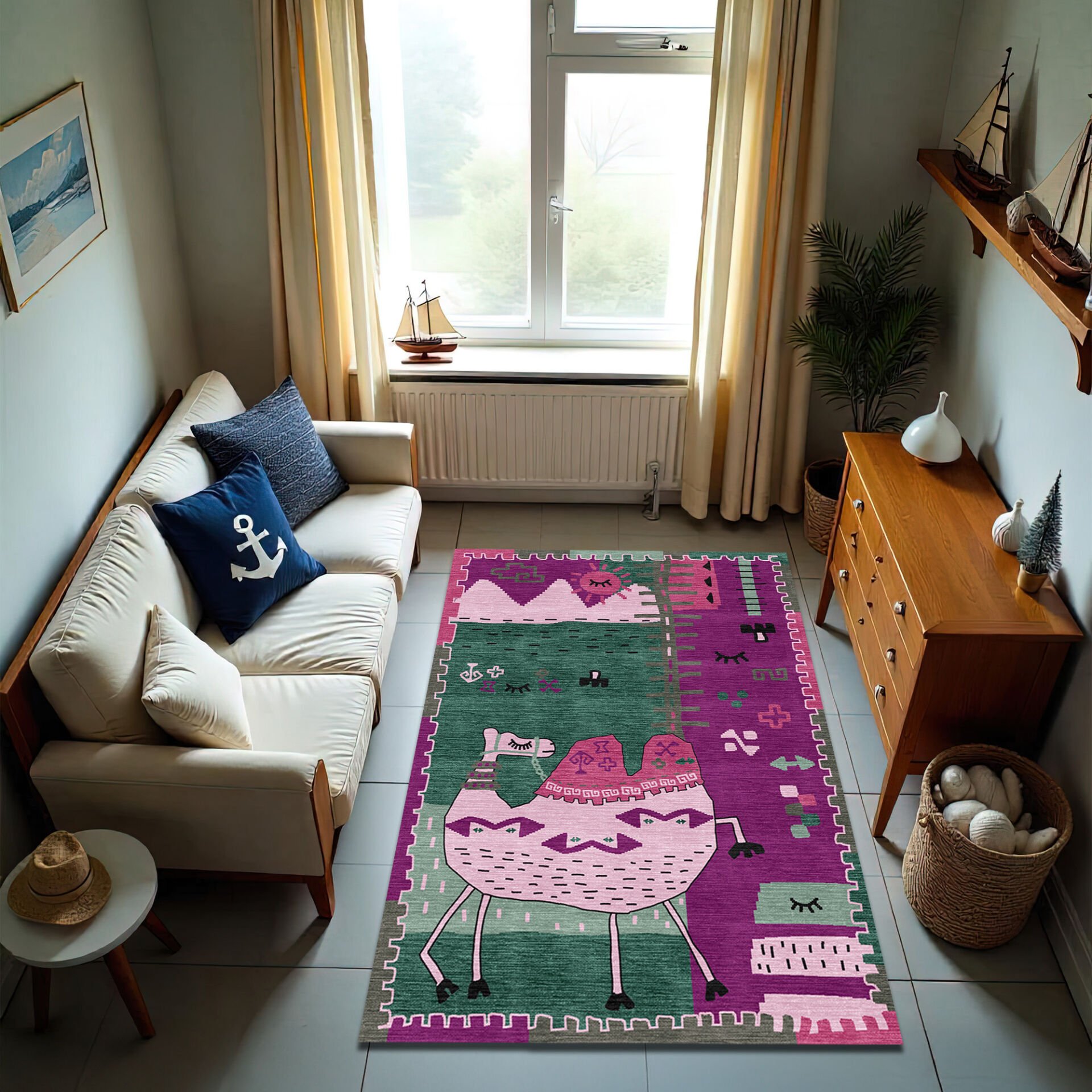 Boho Camel Rug – Purple and Green Kids Room Carpet