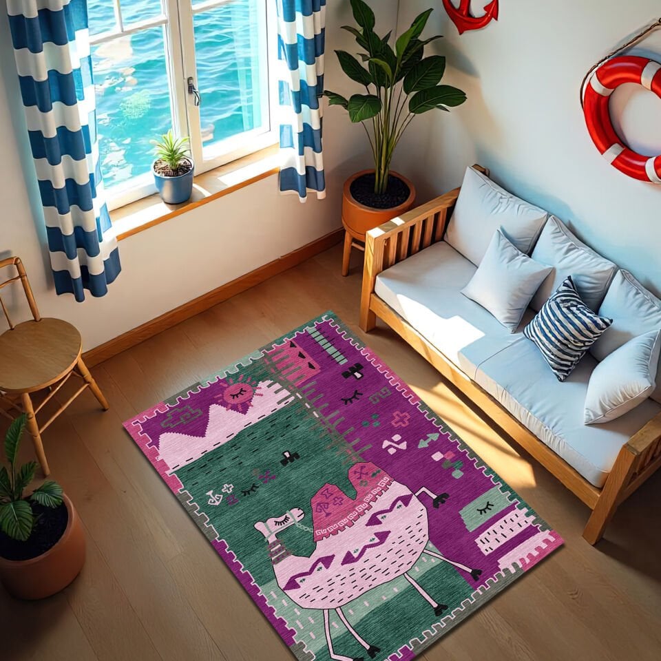 Boho Camel Rug – Purple and Green Kids Room Carpet