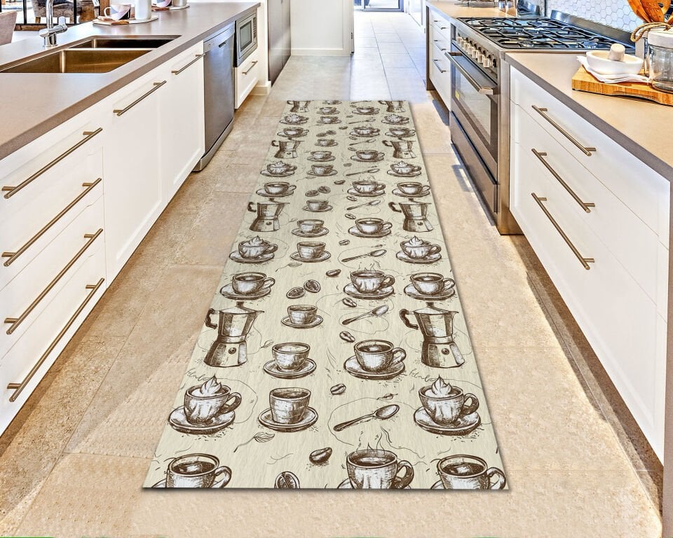 Cozy Coffee Cups & Beans Kitchen Runner Rug – Warm Non-Slip Floor Mat