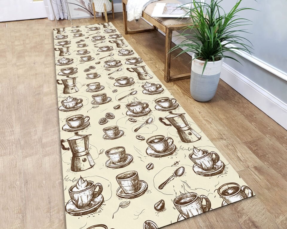 Cozy Coffee Cups & Beans Kitchen Runner Rug – Warm Non-Slip Floor Mat