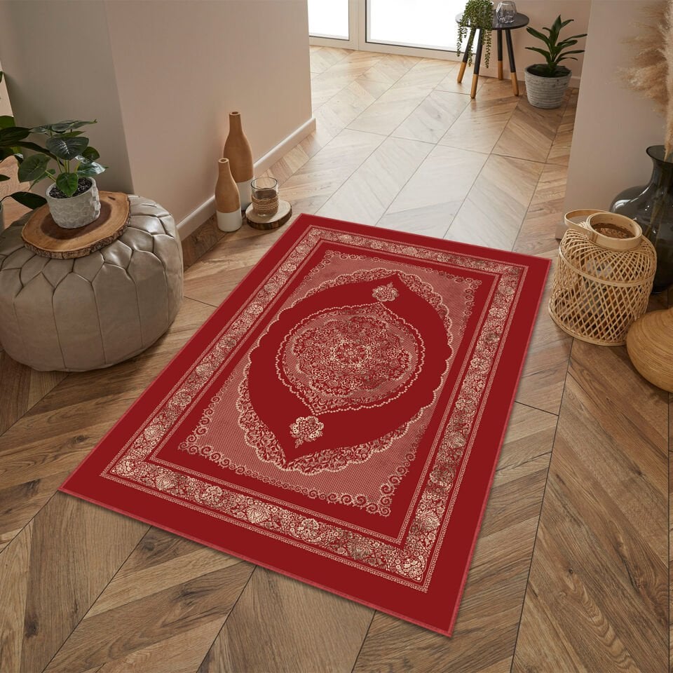 Red Oriental Medallion Rug Elegant Classic Pattern Decorative Carpet