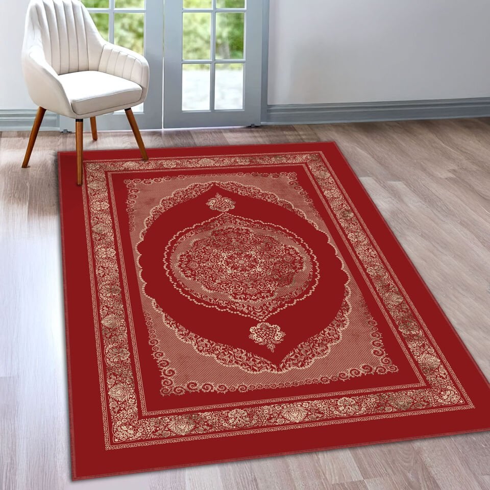 Red Oriental Medallion Rug Elegant Classic Pattern Decorative Carpet