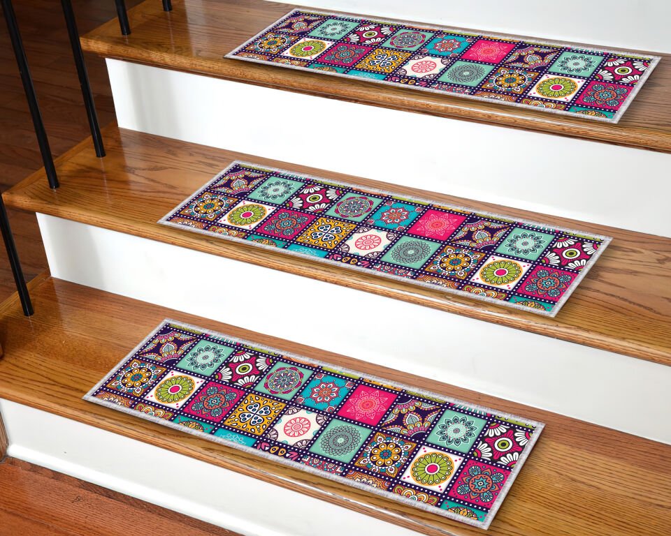 Colorful Boho Tile Pattern Stair Tread Rug – Vibrant Patchwork Design