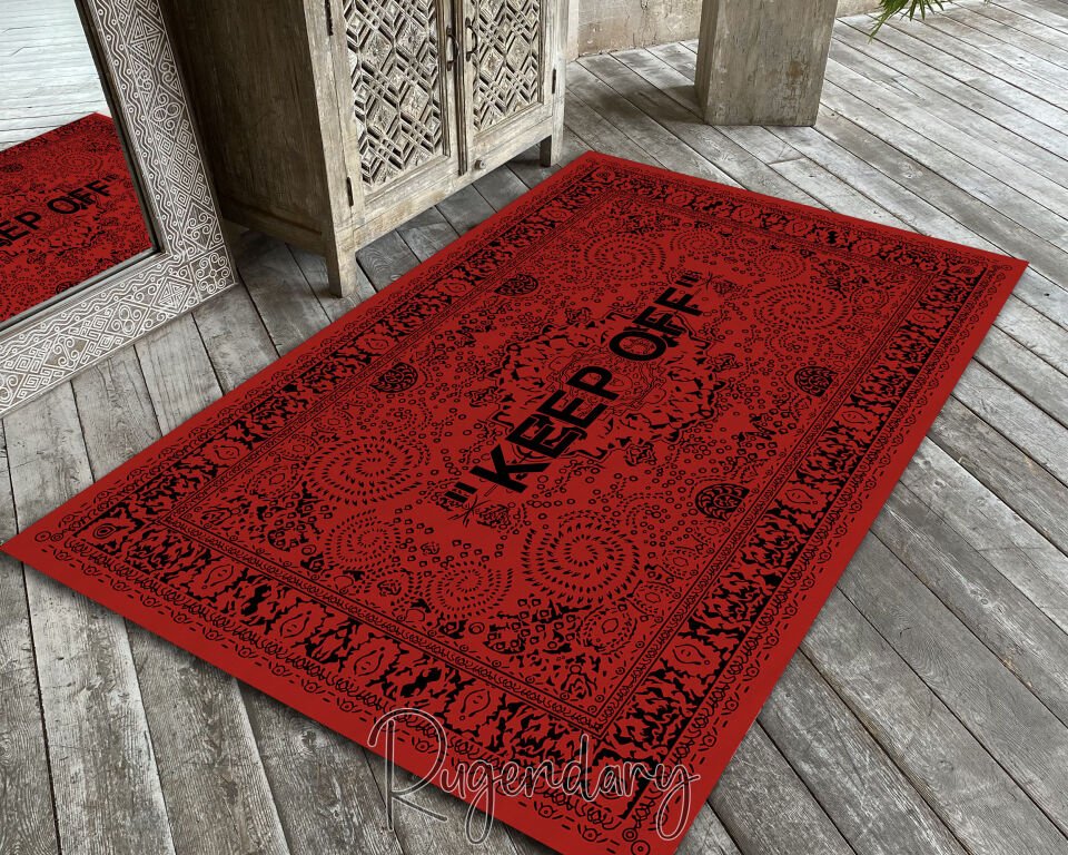 Red ''KEEP OFF'' Area Rug – Modern Statement Carpet for Living Room & Bedroom