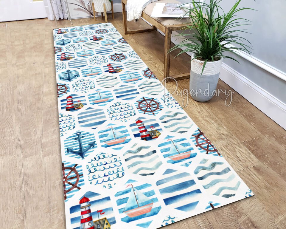 Nautical Runner Rug – Coastal Lighthouse, Sailboat & Ship Wheel Hallway Carpet