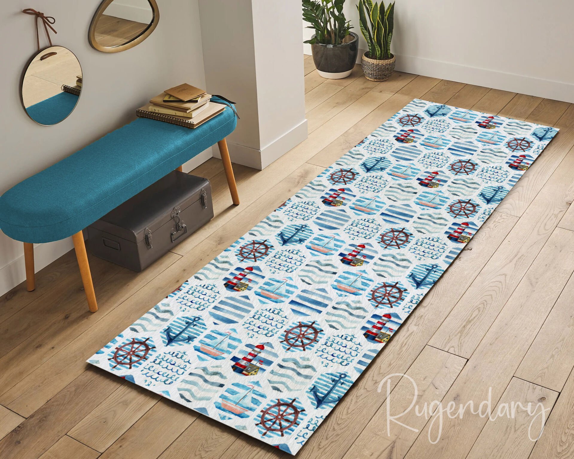 Nautical Runner Rug – Coastal Lighthouse, Sailboat & Ship Wheel Hallway Carpet