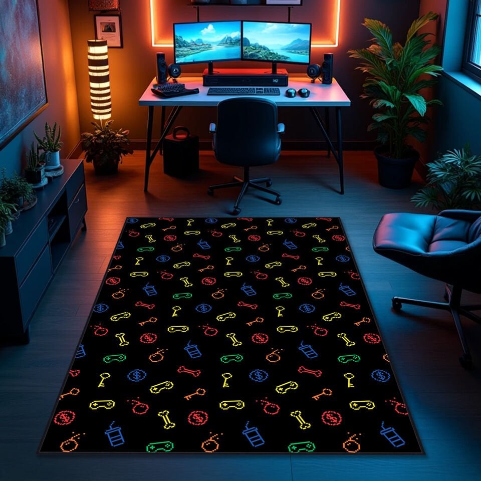 Colorful Neon Icons Game Room Rug – Vibrant Gamer Carpet with Playful Symbols for Modern Gaming Spaces