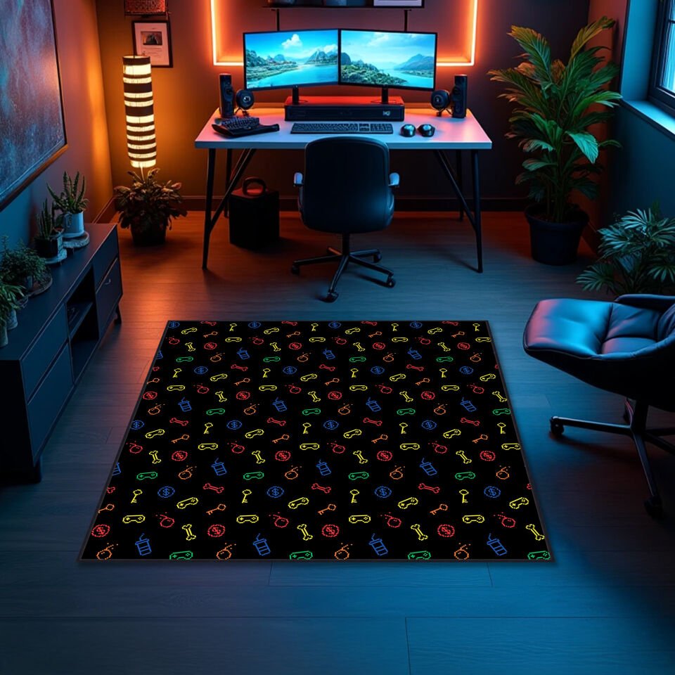 Colorful Neon Icons Game Room Rug – Vibrant Gamer Carpet with Playful Symbols for Modern Gaming Spaces