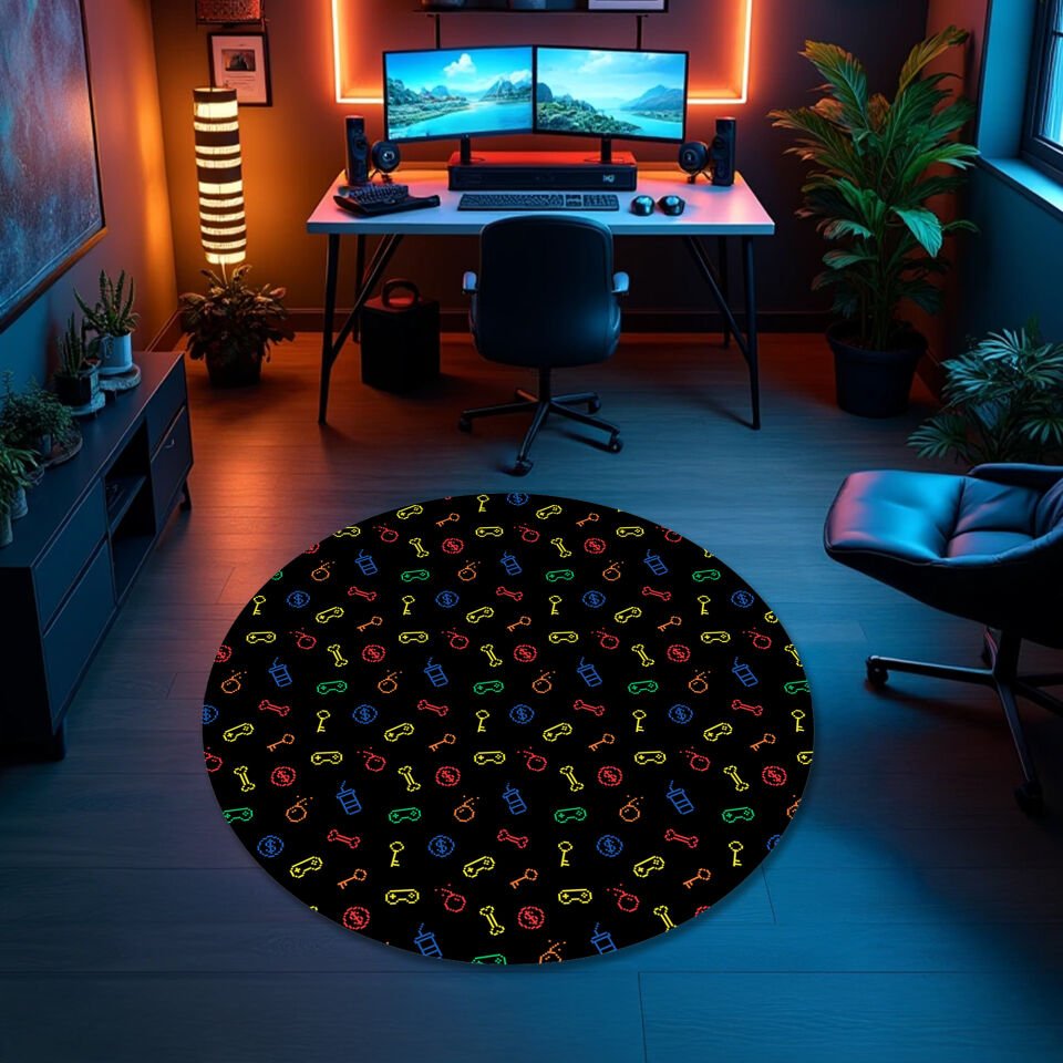 Colorful Neon Icons Game Room Rug – Vibrant Gamer Carpet with Playful Symbols for Modern Gaming Spaces