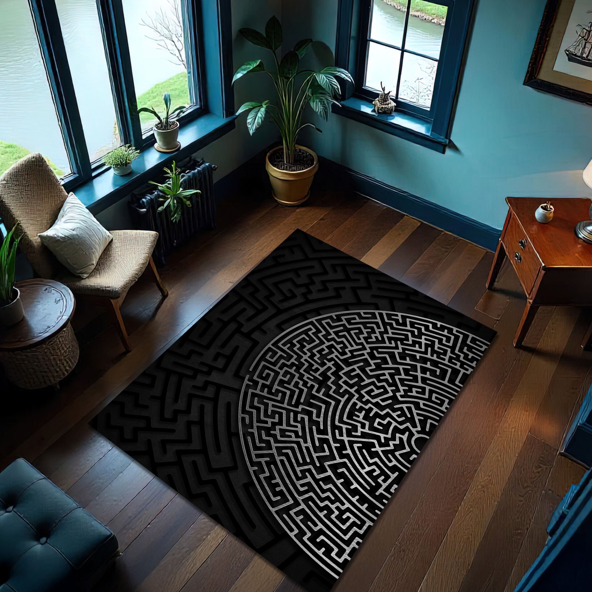 Modern Black & Gray Maze Pattern Rug – Stylish Puzzle Design Floor Mat