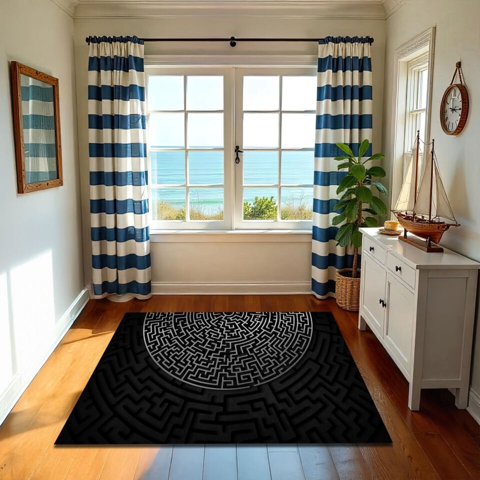 Modern Black & Gray Maze Pattern Rug – Stylish Puzzle Design Floor Mat