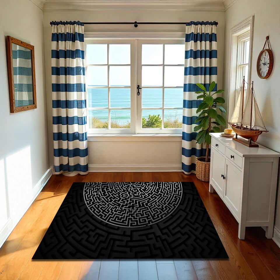 Modern Black & Gray Maze Pattern Rug – Stylish Puzzle Design Floor Mat