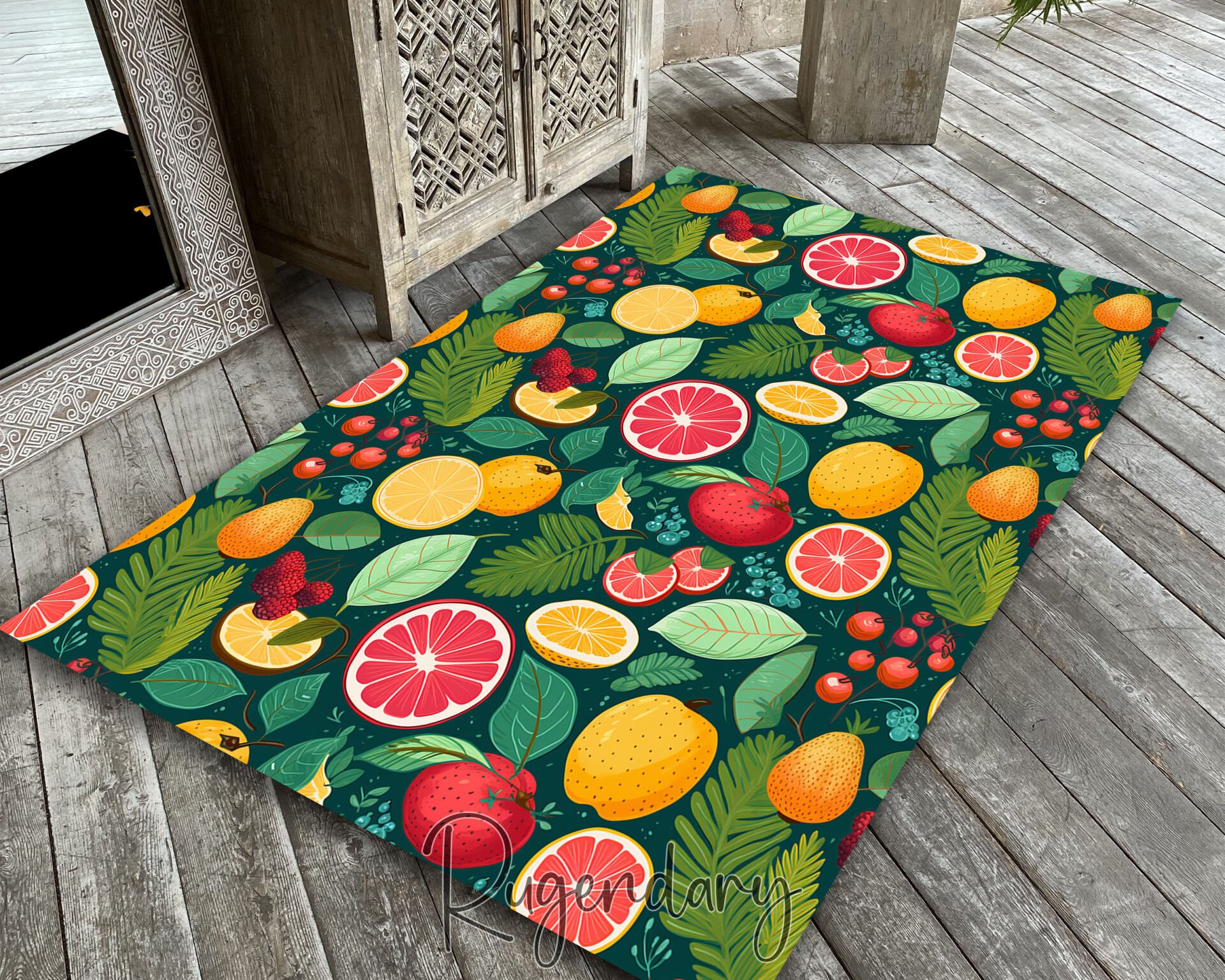Colorful Fruit Pattern Kitchen Rug – Fresh Citrus & Berry Design