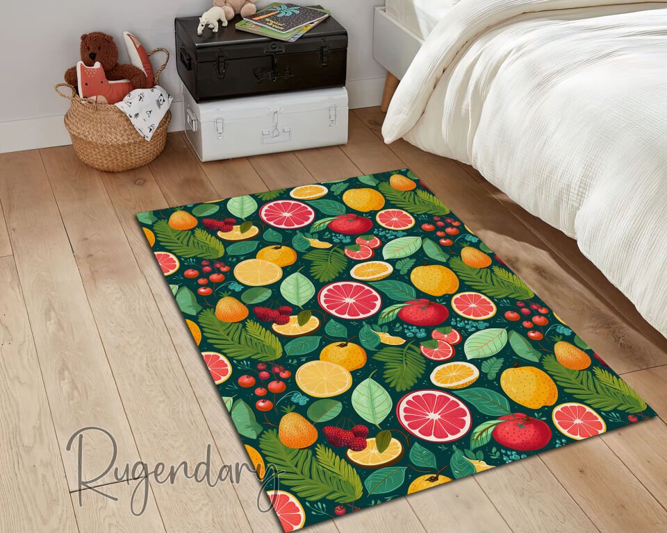 Colorful Fruit Pattern Kitchen Rug – Fresh Citrus & Berry Design