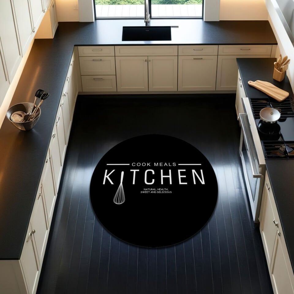 ''Cook Meals Kitchen'' Minimalist Black & White Kitchen Rug with Whisk Design