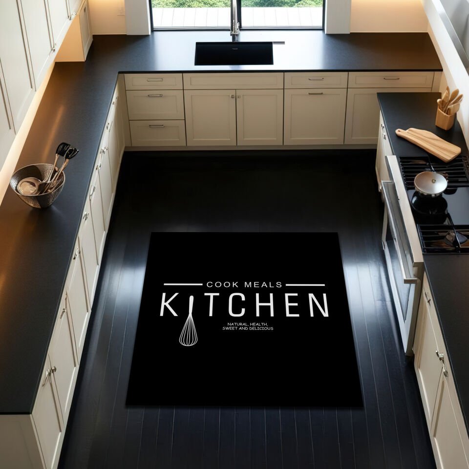 ''Cook Meals Kitchen'' Minimalist Black & White Kitchen Rug with Whisk Design