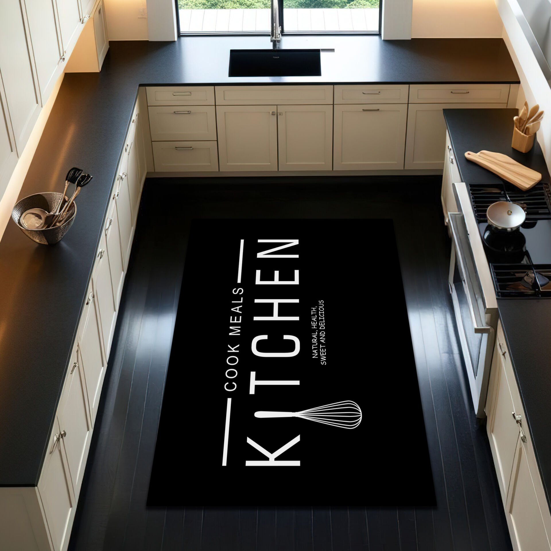 ''Cook Meals Kitchen'' Minimalist Black & White Kitchen Rug with Whisk Design