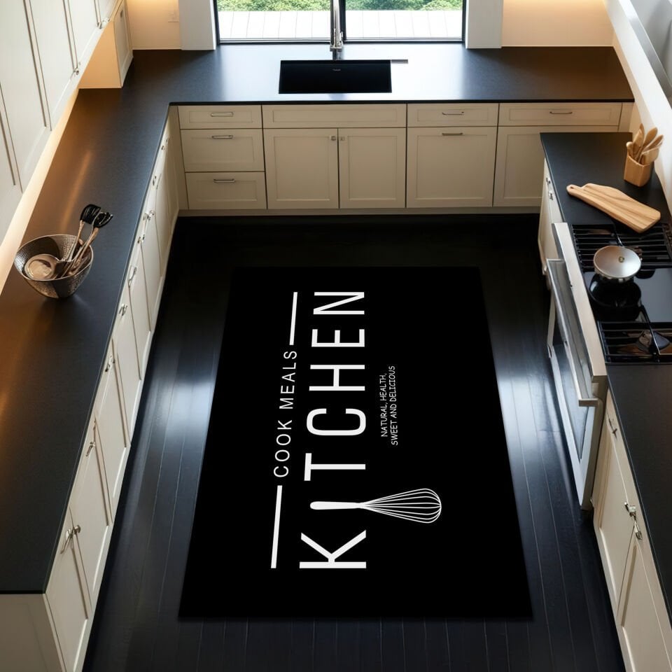 ''Cook Meals Kitchen'' Minimalist Black & White Kitchen Rug with Whisk Design