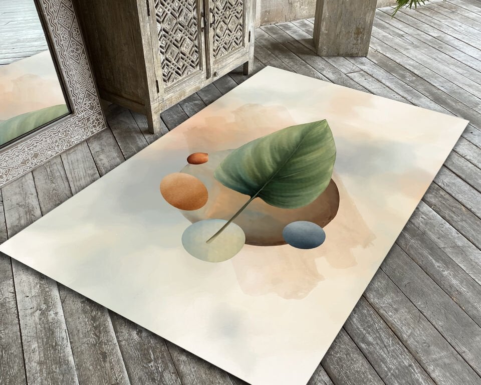 Minimalist Leaf Rug Modern Botanical Carpet Neutral Earth Tone Abstract Art Floor Mat