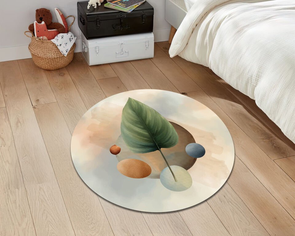 Minimalist Leaf Rug Modern Botanical Carpet Neutral Earth Tone Abstract Art Floor Mat