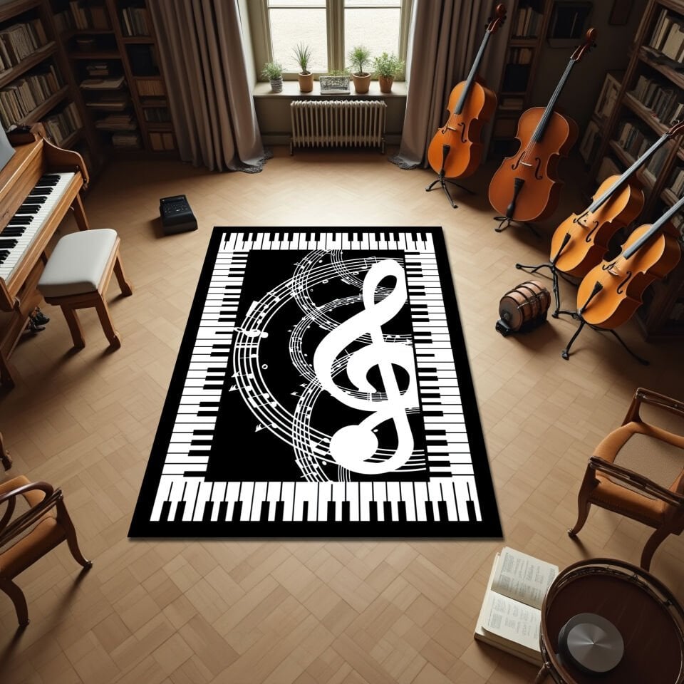 Piano Keys & Treble Clef Rug – Elegant Music Room Carpet