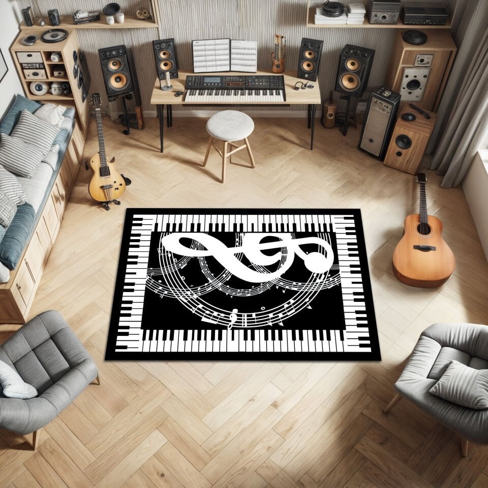 Piano Keys & Treble Clef Rug – Elegant Music Room Carpet