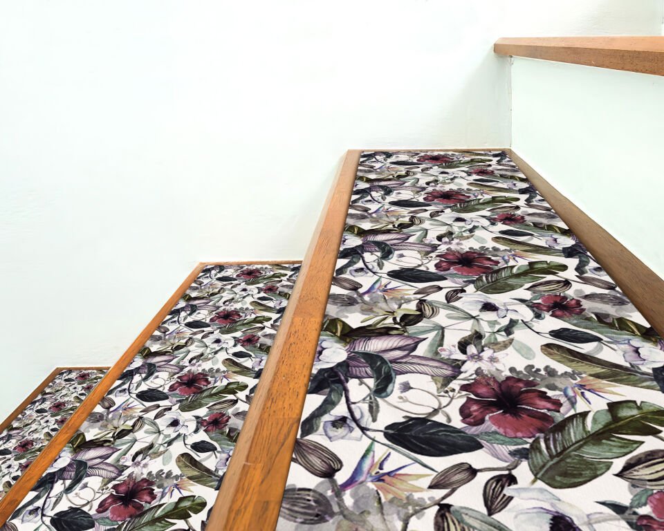 Dark Floral Botanical Stair Treads – Deep Purple & Green Leaf Pattern