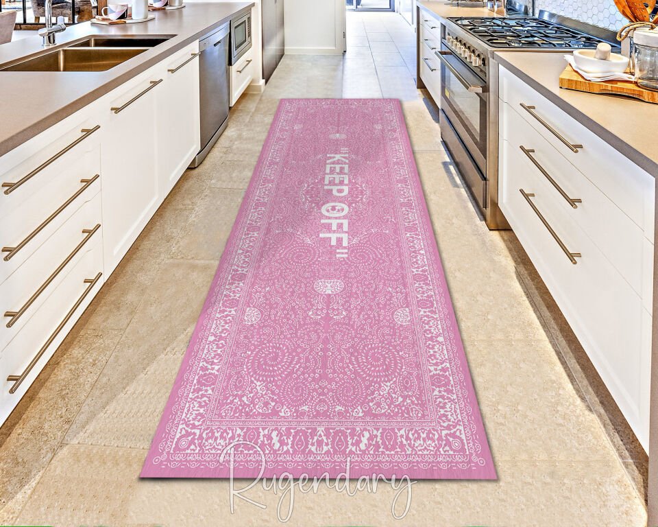 Pink & White ''KEEP OFF'' Runner Rug – Modern Statement Hallway Carpet