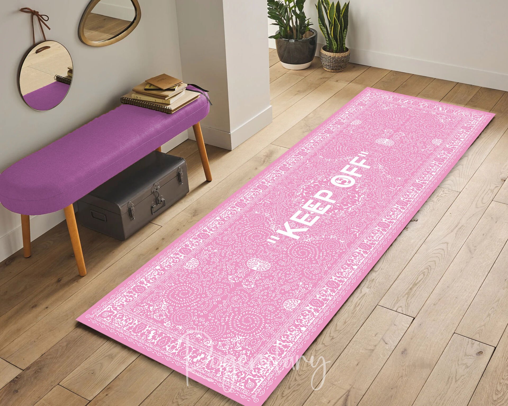 Pink & White ''KEEP OFF'' Runner Rug – Modern Statement Hallway Carpet