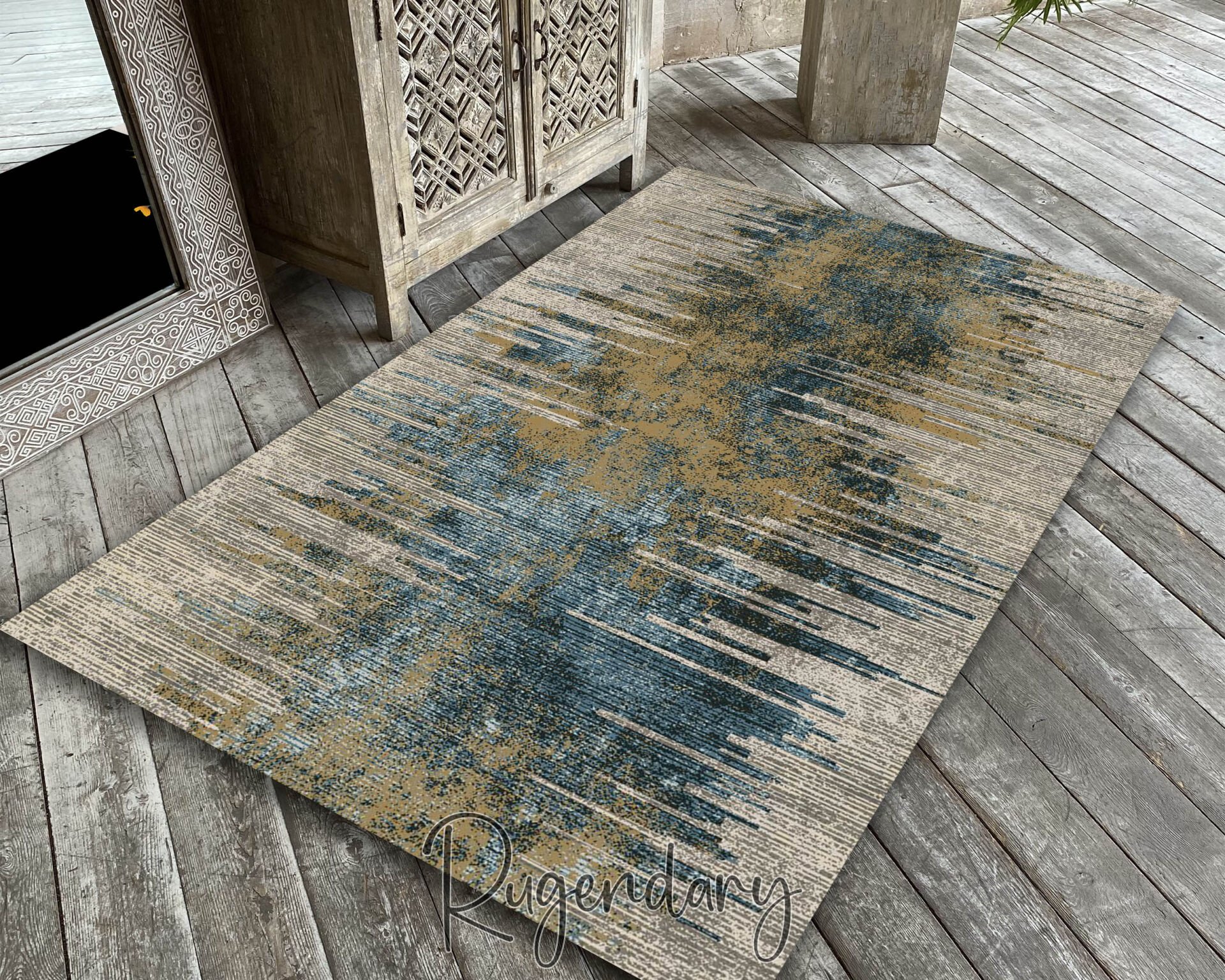 Modern Abstract Living Room Rug – Green and Neutral Contemporary Design