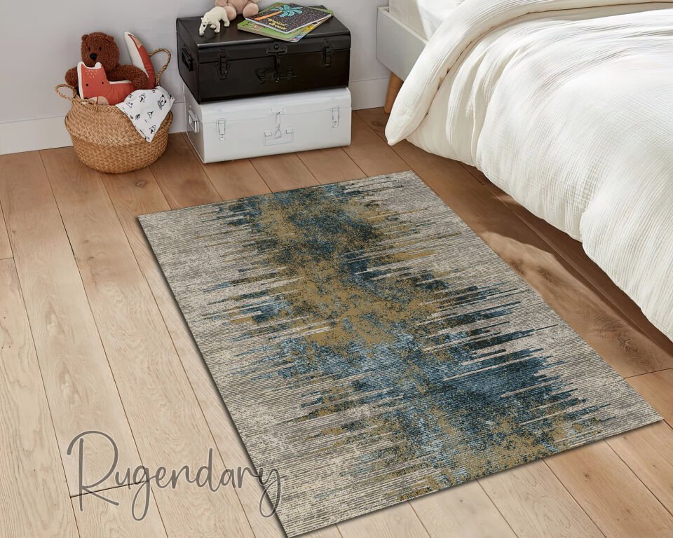 Modern Abstract Living Room Rug – Green and Neutral Contemporary Design