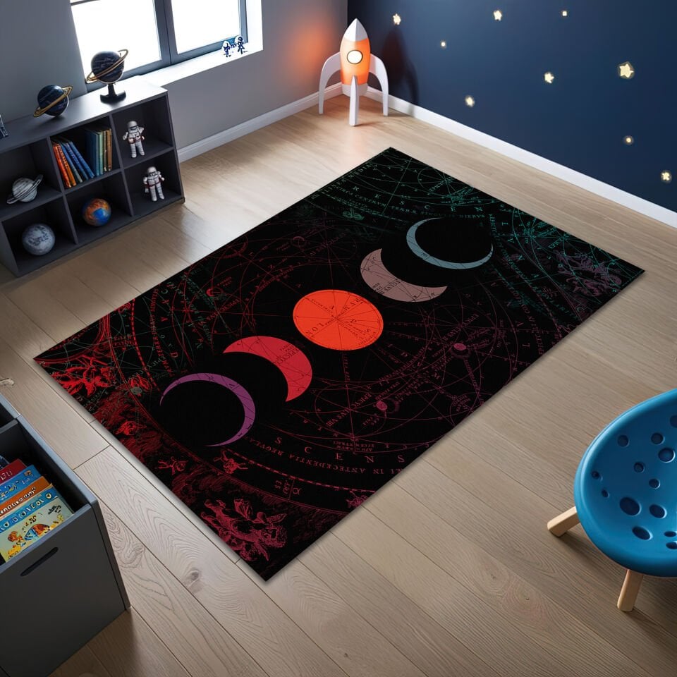Celestial Phases of the Moon Rug – Dark Astronomical Art Carpet
