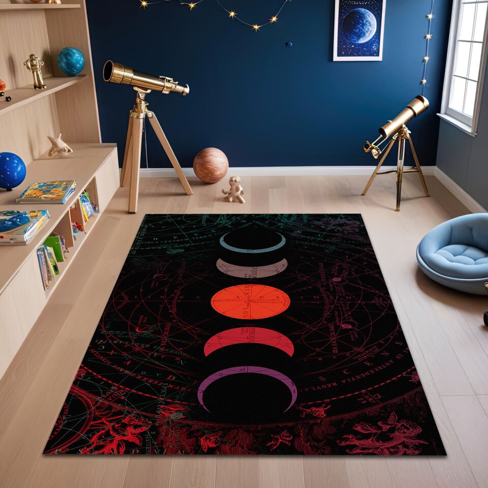 Celestial Phases of the Moon Rug – Dark Astronomical Art Carpet