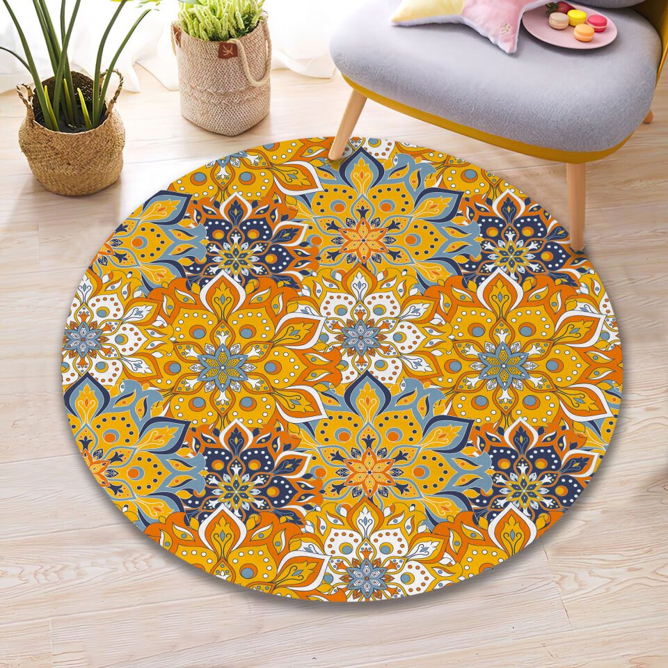Boho Mandala Rug Colorful Orange Yellow Blue Geometric Carpet for Living Room Bedroom Home Decor